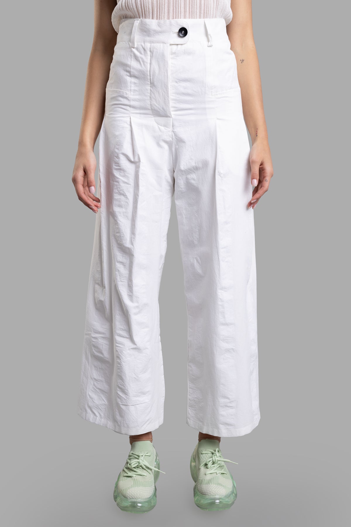 Marc Point Crinkled Cotton Pants showcase a high-waisted design, front view with textured white fabric and cropped wide legs.
