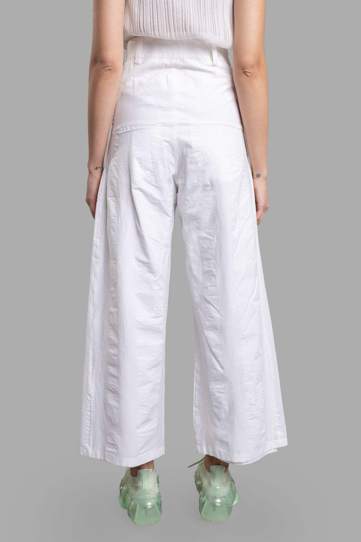 Marc Point Crinkled Cotton Pants in white, showcasing the high-waisted back design and cropped wide leg texture.