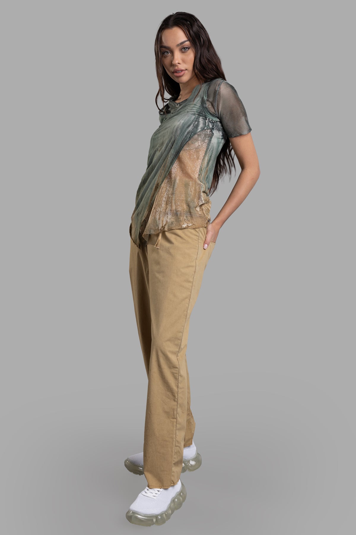 Masnada Layered T-shirt in petrol, front view on-model, featuring mesh bottom and asymmetric cotton top for stylish.