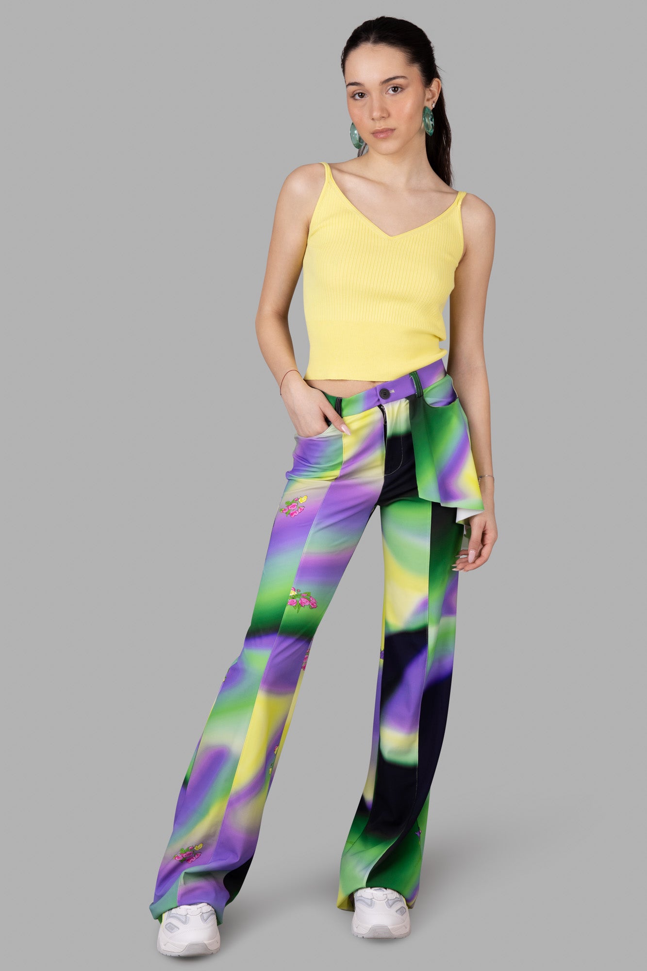 Natasha Zinko Ombré Print Trousers with peplum waist, multicolor pattern, front view on model in yellow top.