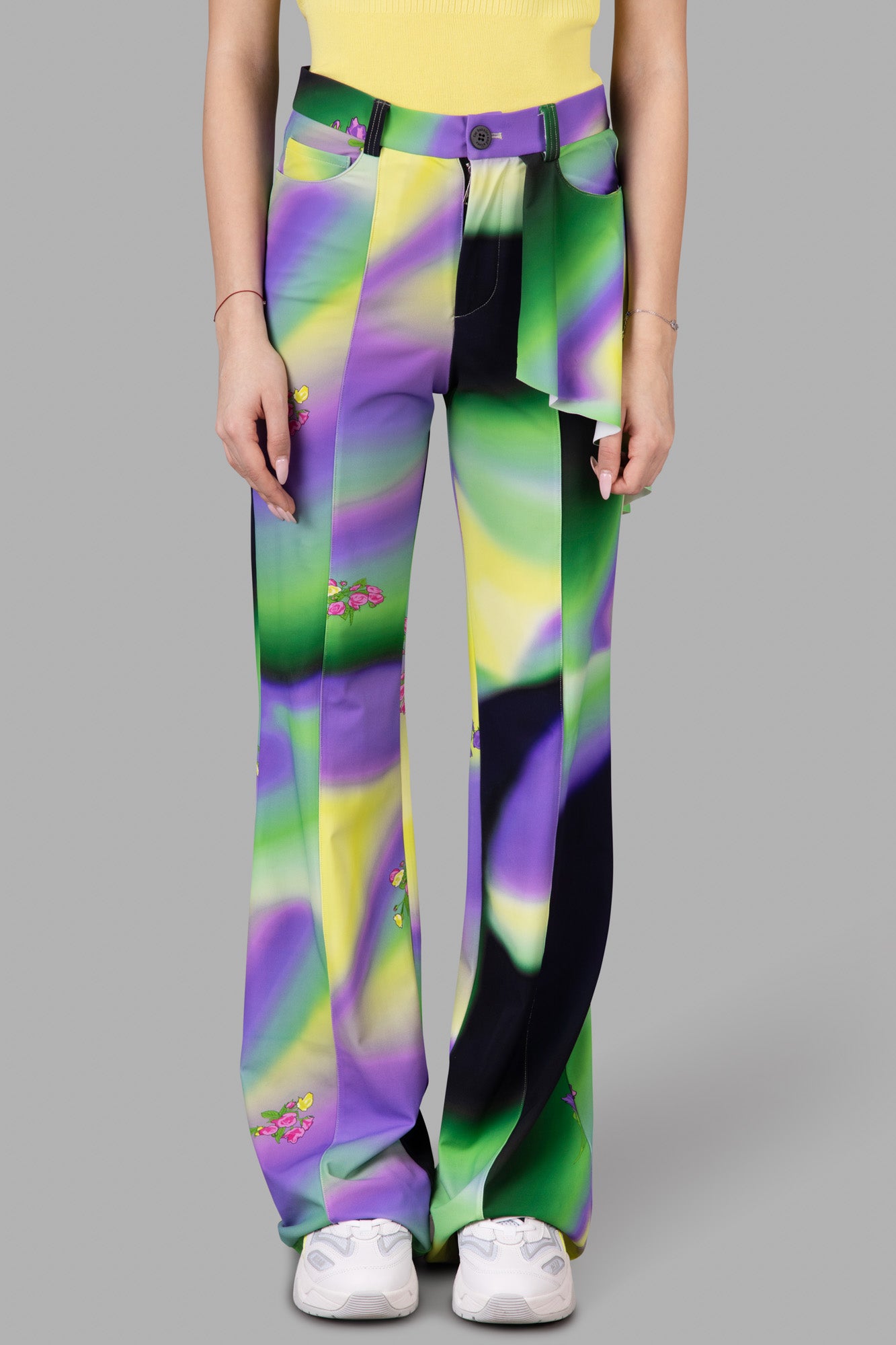 Natasha Zinko Ombré Print Trousers featuring a vibrant multicolor design, peplum waist, and straight-cut leg showcased on.