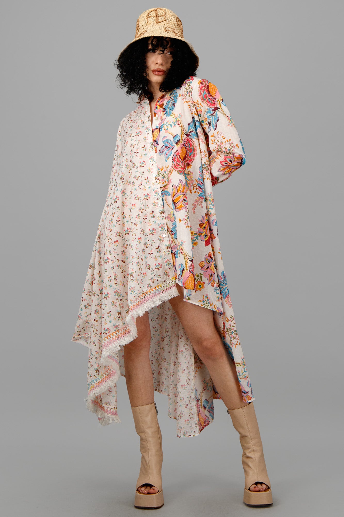 Anjuna Double-Print Asymmetric Dress on model showing floral patterns and asymmetrical hem, multicolor cotton fabric.