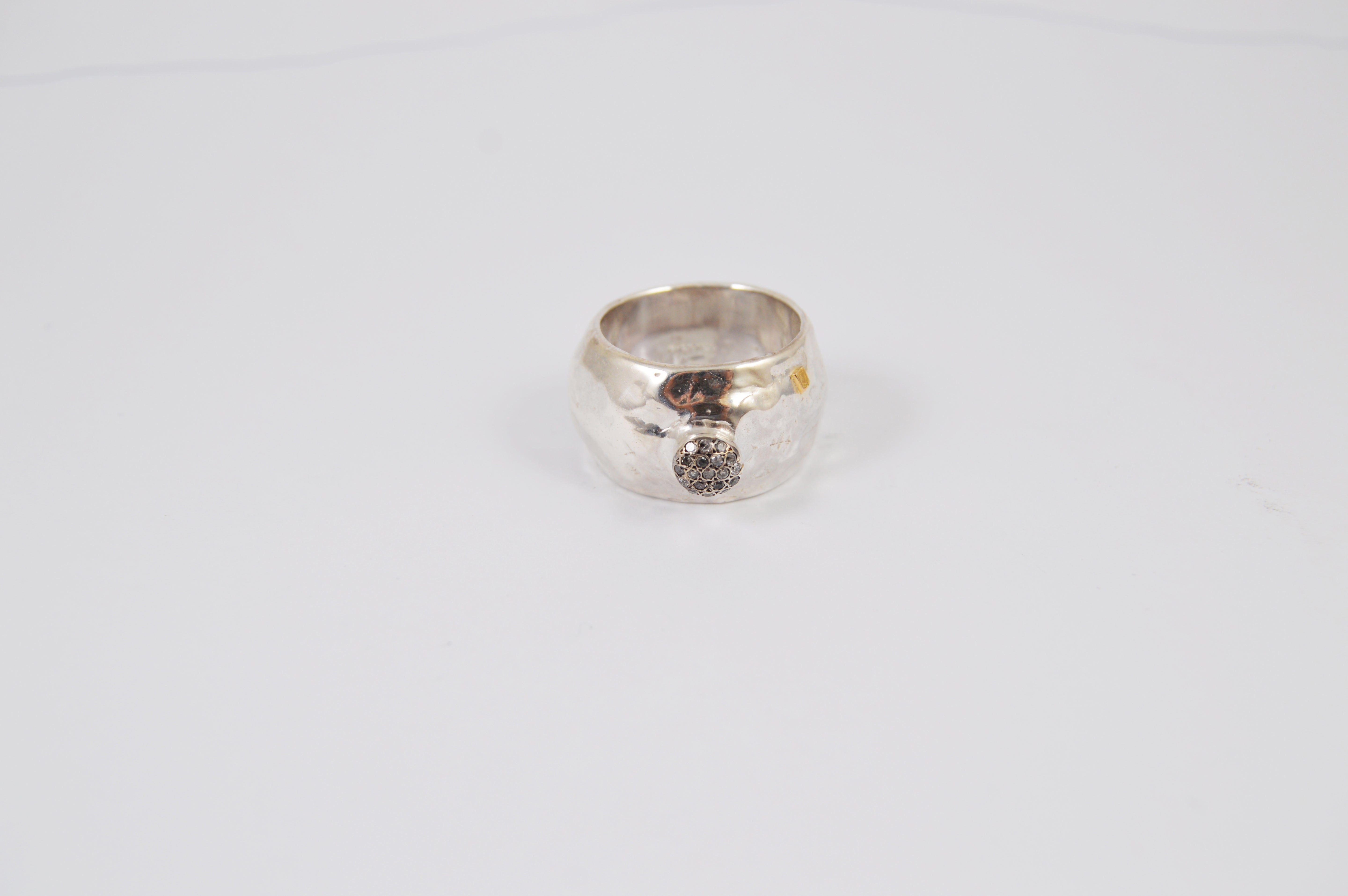 Rosa Maria Piano Ring, front view of silver band with icy grey diamonds, showcasing raw organic texture.