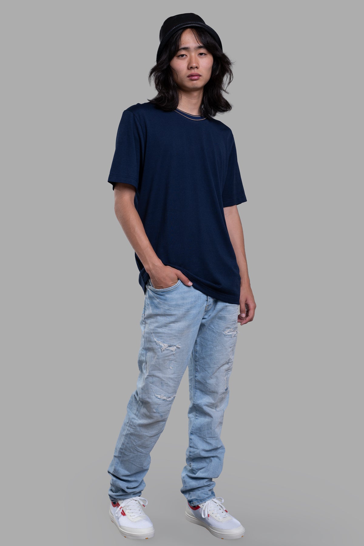 Orlebar Brown Striped Neckline T-shirt, navy blue, front view on model, featuring contrast striped detail, casual fit.