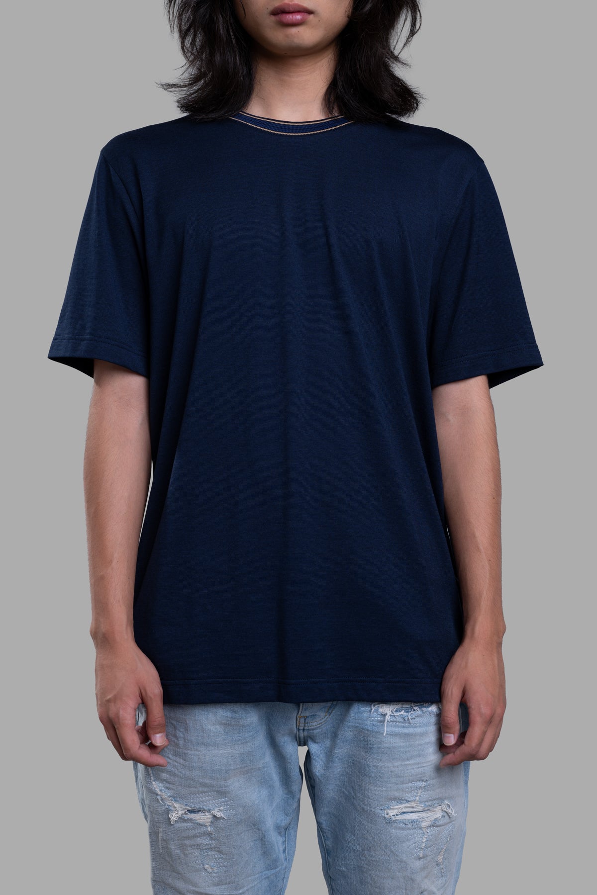 Orlebar Brown Striped Neckline T-shirt in deep navy, featuring contrast striped tipping, relaxed fit on model.