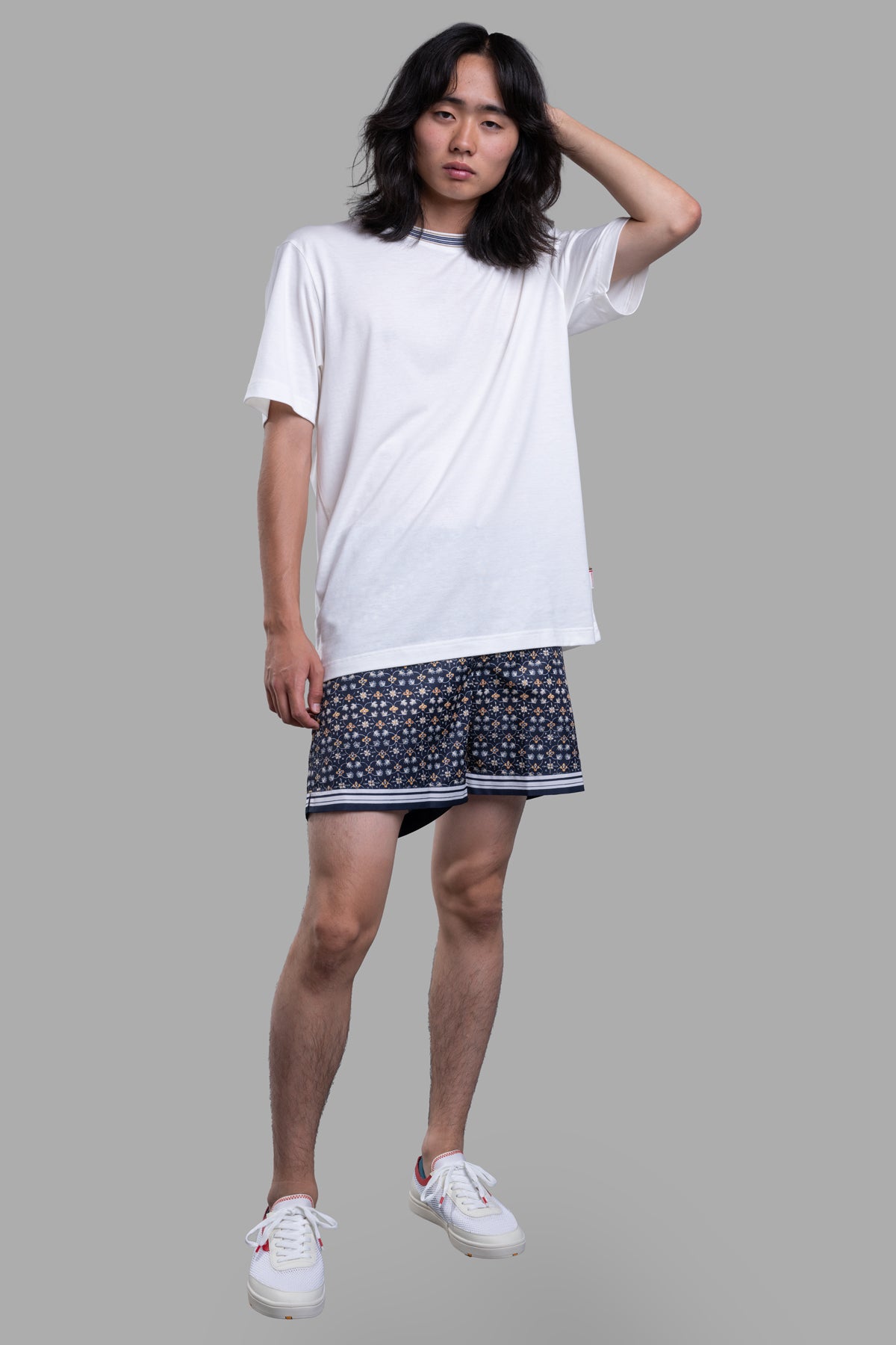 Orlebar Brown Striped Neckline T-shirt, front view, on model, featuring contrast striped tipping, ecru color.