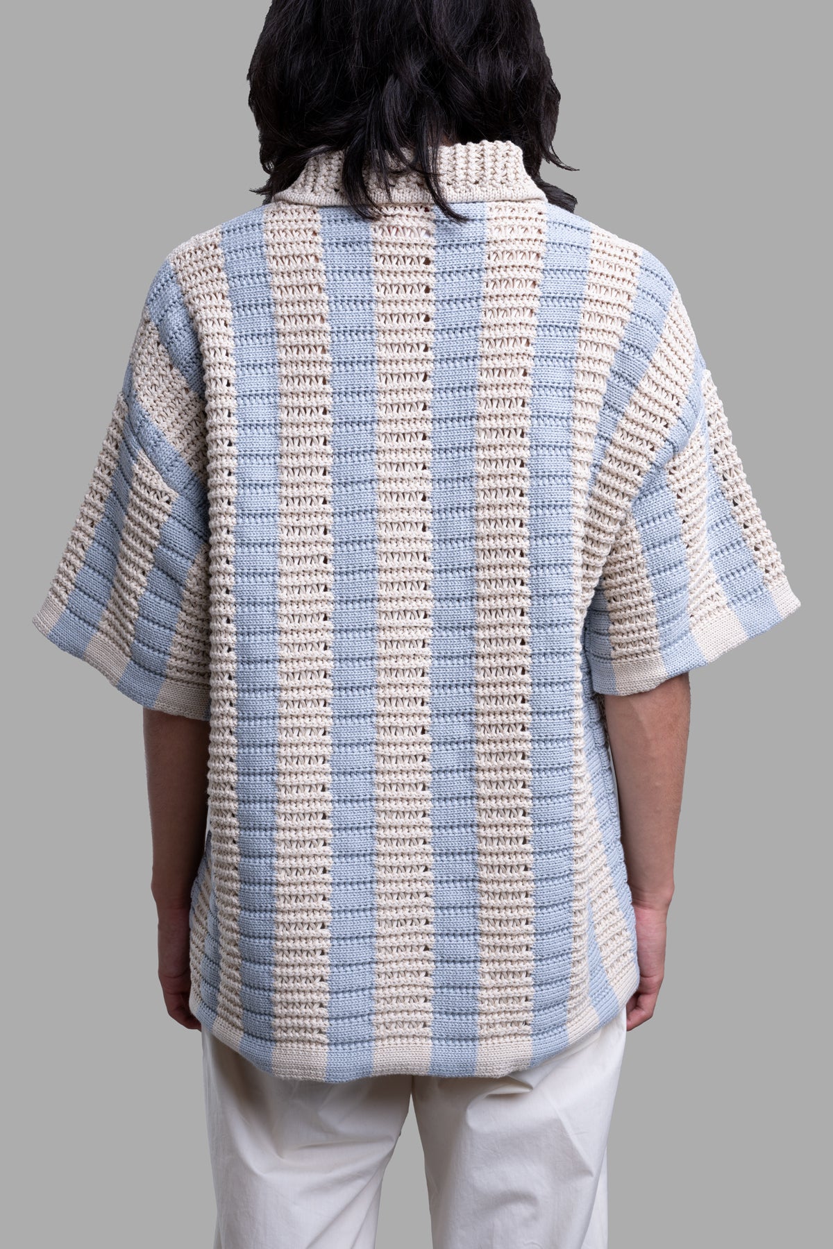 Orlebar Brown Knitted Crochet Shirt, back view showcasing beige and blue stripes in breathable organic cotton.