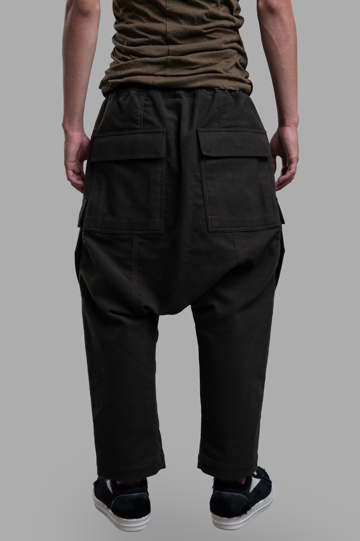 Rick Owens Cropped Drawstring Pants, green, showing back with flapped pockets and unique dropped crotch design details.