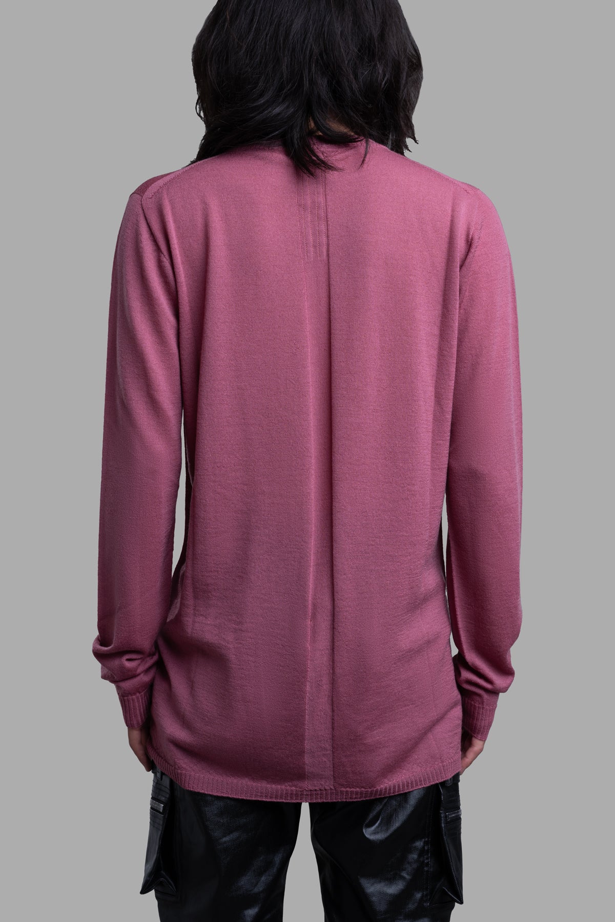 Rick Owens Porterville Oversized Sweater in Thulian, showcased from the back with a central knit line detail and ribbed.
