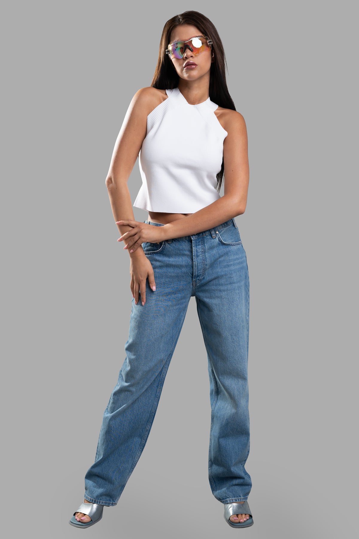 Anine Bing Straight-legged Jeans in blue organic denim, modeled from the front, featuring a classic five-pocket design.