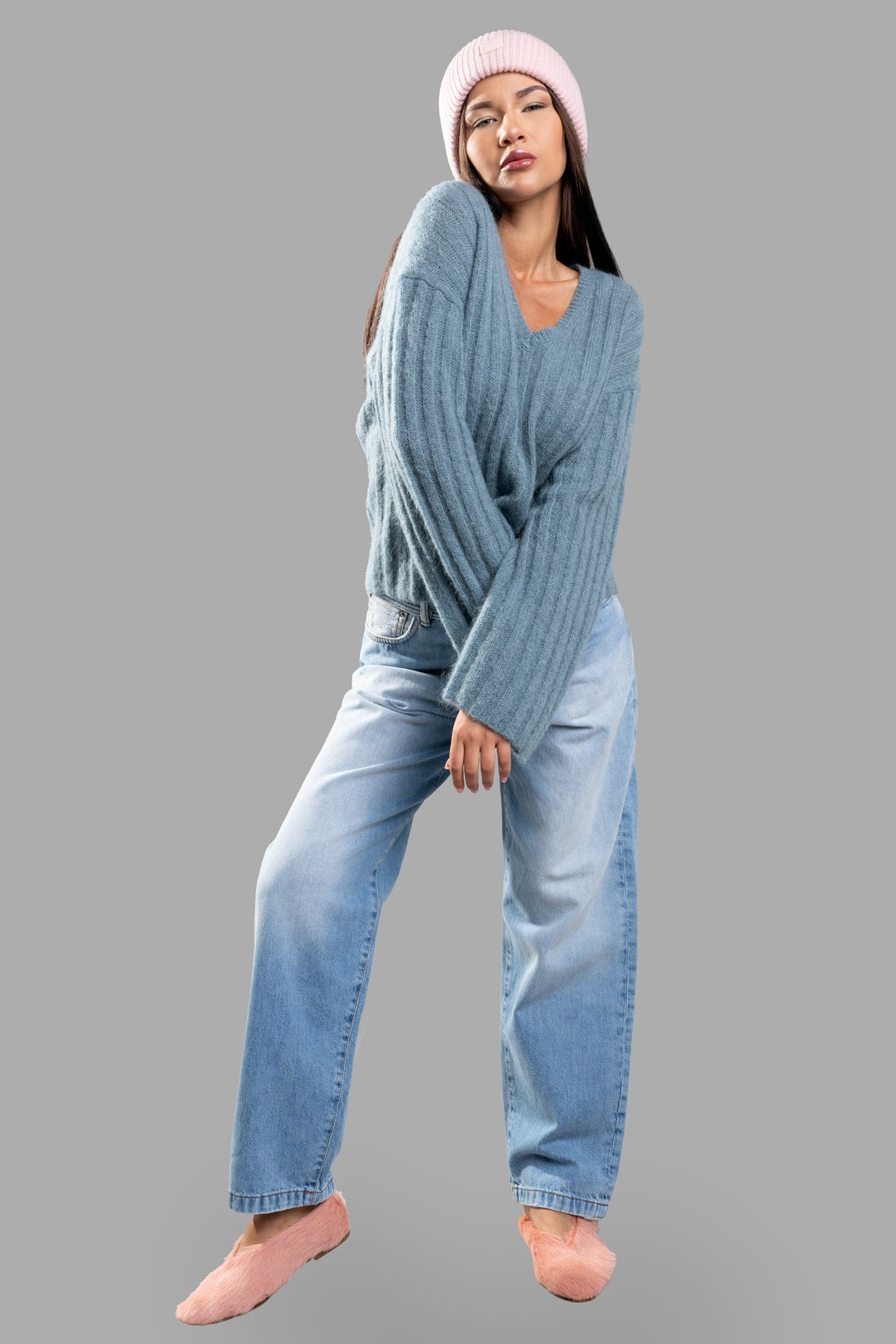 By Malene Birger Cimone Ribbed Sweater in blue, on-model front view, showcasing V-neck and wide sleeves.