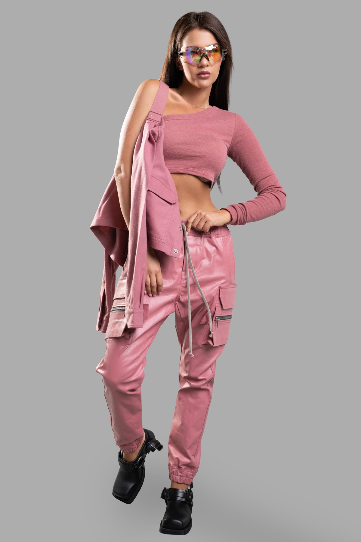 Rick Owens Ziggy Asymmetric Top, pink, on-model front view with stylish one-sleeve design, paired with pink pants.