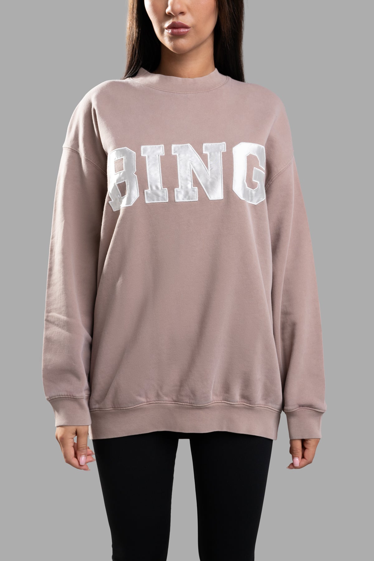 Anine Bing Tyler Logo Sweatshirt in soft purple, featuring satin logo detail; oversized fit with ribbed trim on model.