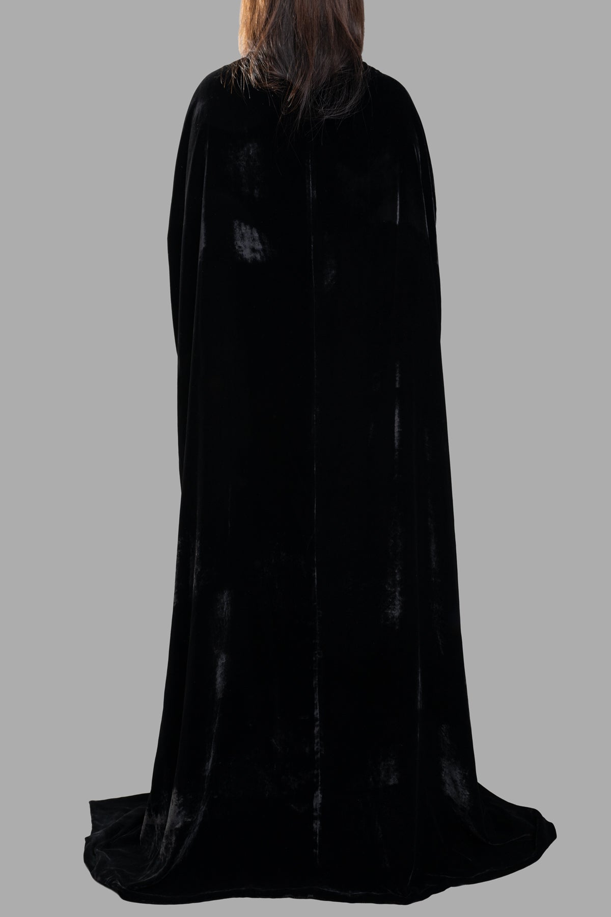 Rick Owens Porterville Masto Cape, floor-length black velvet cape with a soft finish, shown from the back, fully lined.