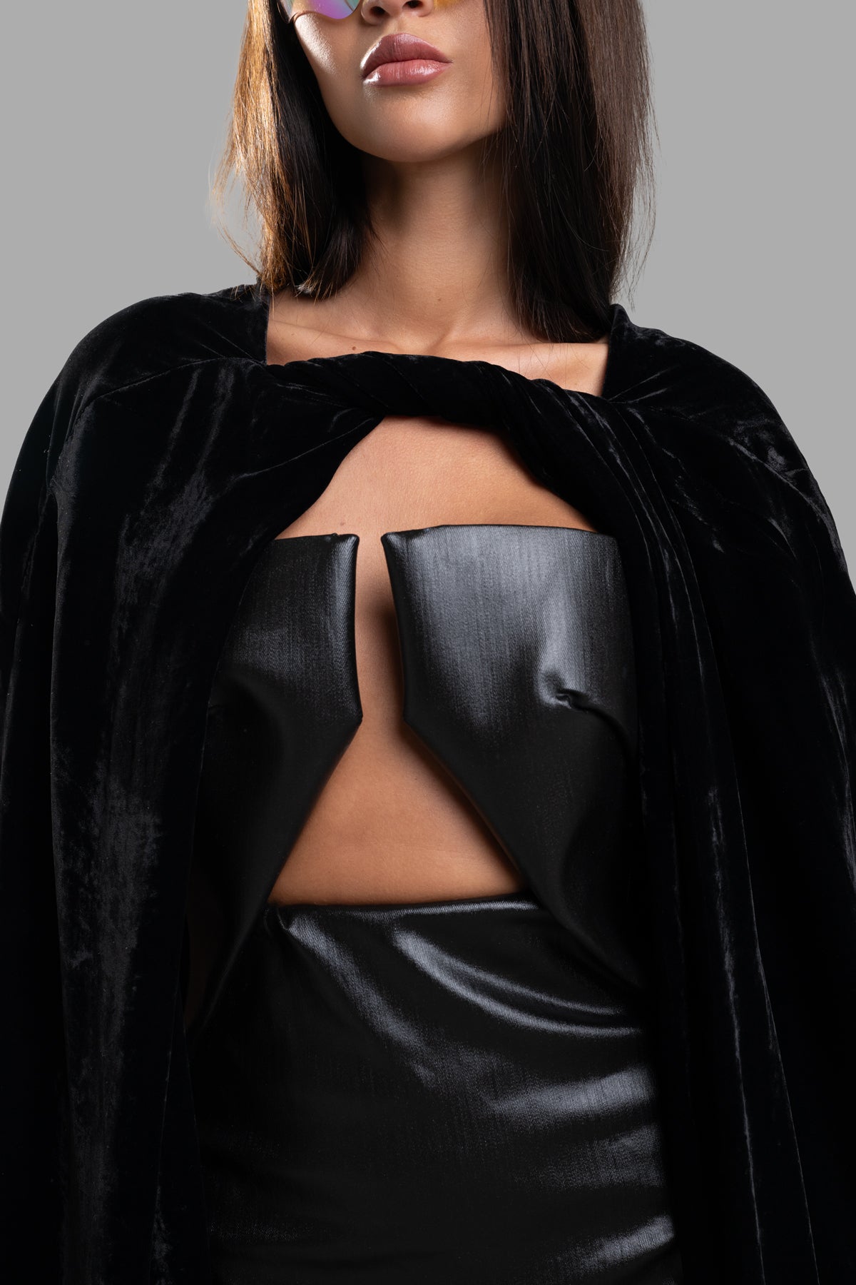 Rick Owens Porterville Masto Cape, floor-length velvet with twist at neck, shown on model, showcasing elegant drape and.