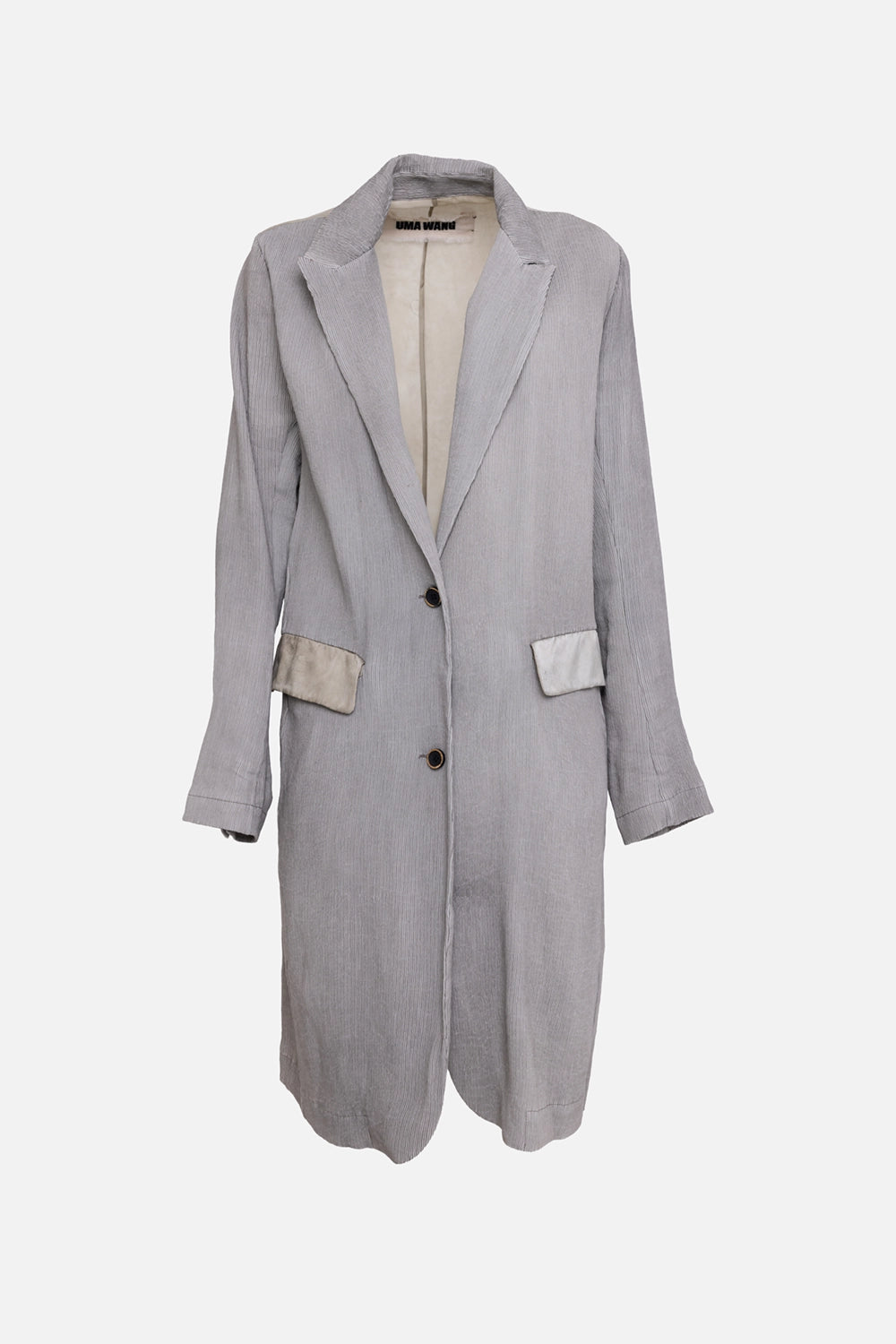 Pre-owned Uma Wang women's coat in grey, front view, notched lapels and contrast pocket flaps.