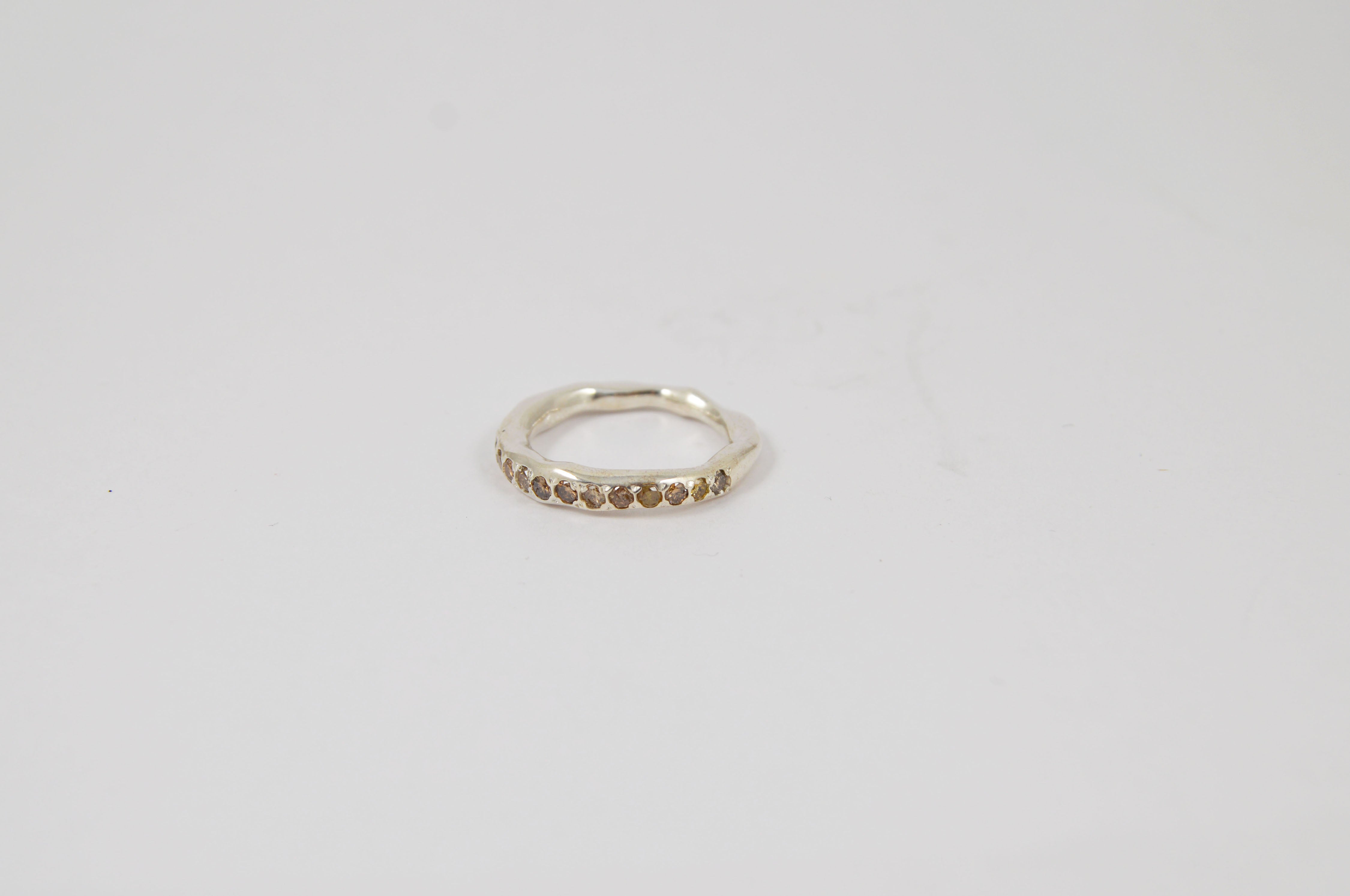 Rosa Maria Sei Diamonds & Silver Ring, close-up of the raw organic shape, featuring cognac diamonds on sterling silver band.