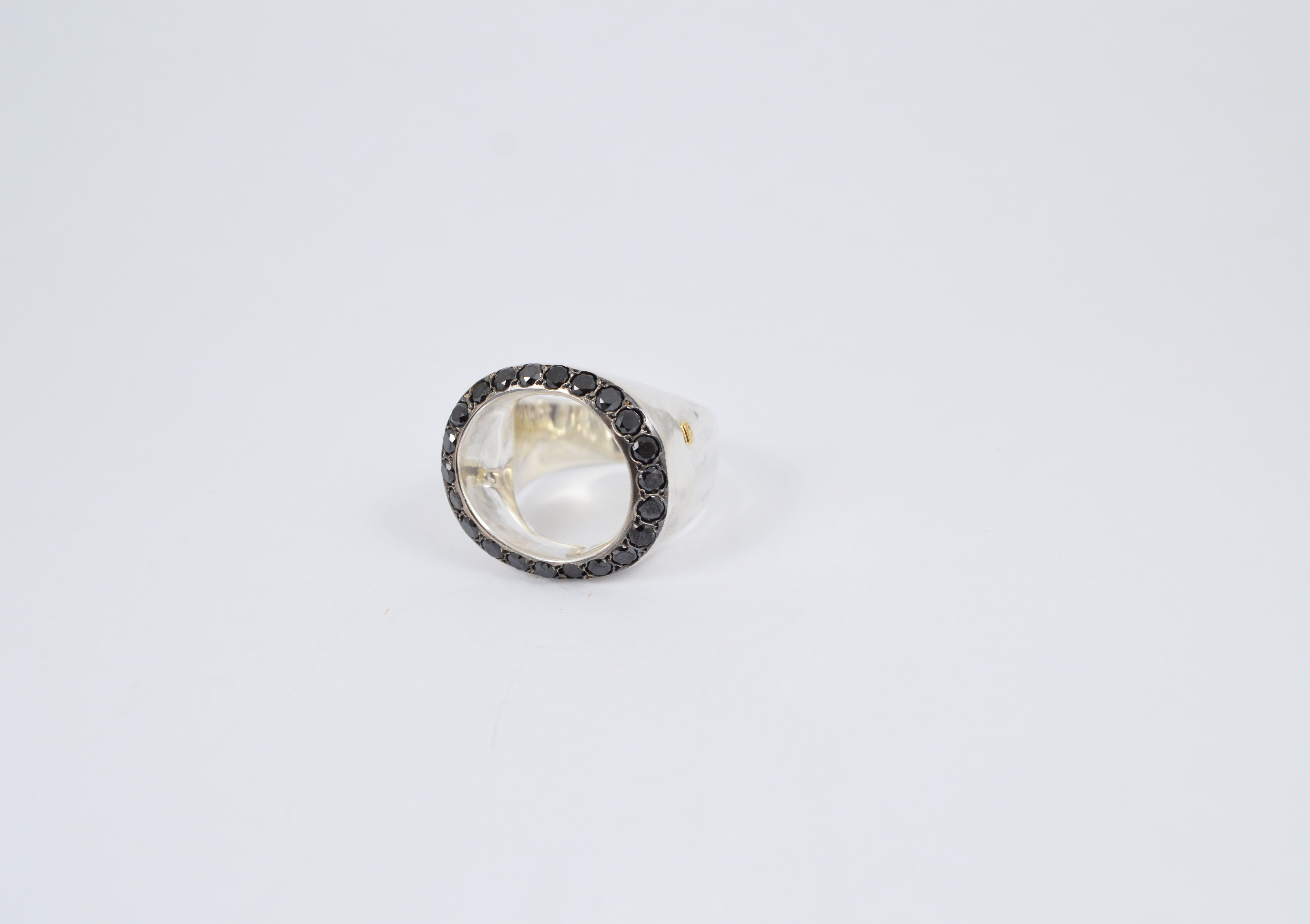 Rosa Maria Verone Ring, oval view highlighting silver and black diamond design, showcasing raw organic shapes.