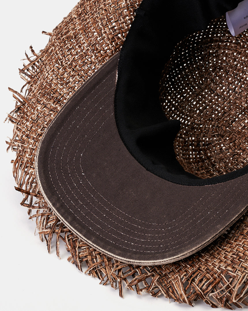 Kijima Takayuki Wide-brim Straw Hat showcasing intricate raffia texture and detailed underside in elegant brown.