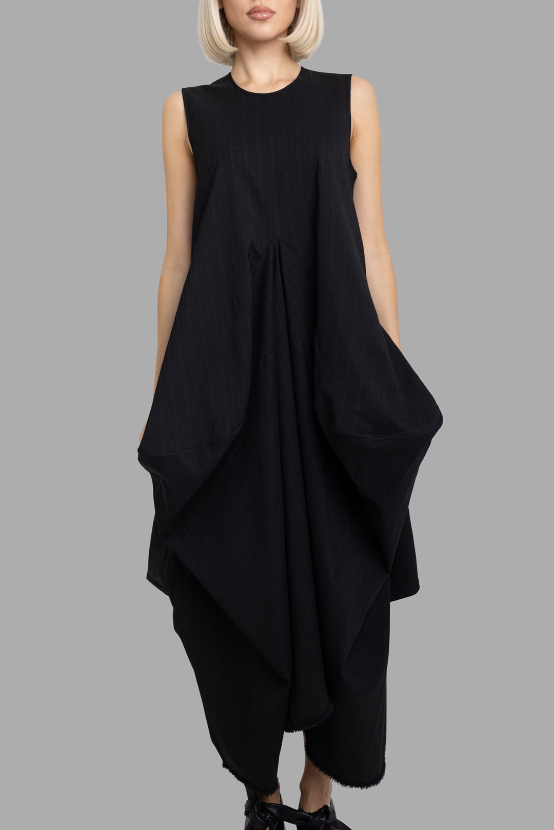 Uma Wang women's black Alani dress, front view showing voluminous front drape and layered skirt panels