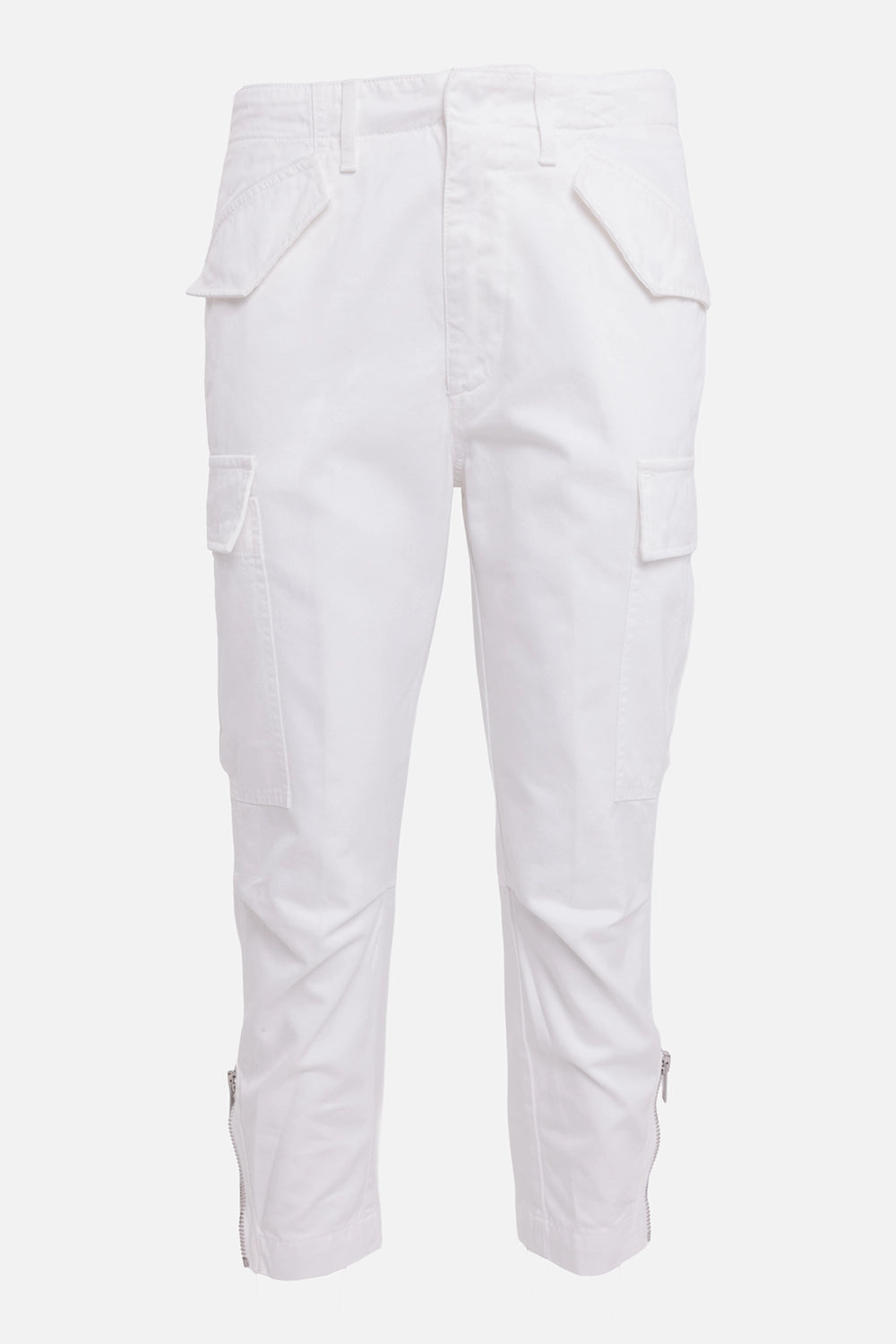 Dondup women's cargo pants in white, front view with flap pockets, cargo pockets and concealed fly