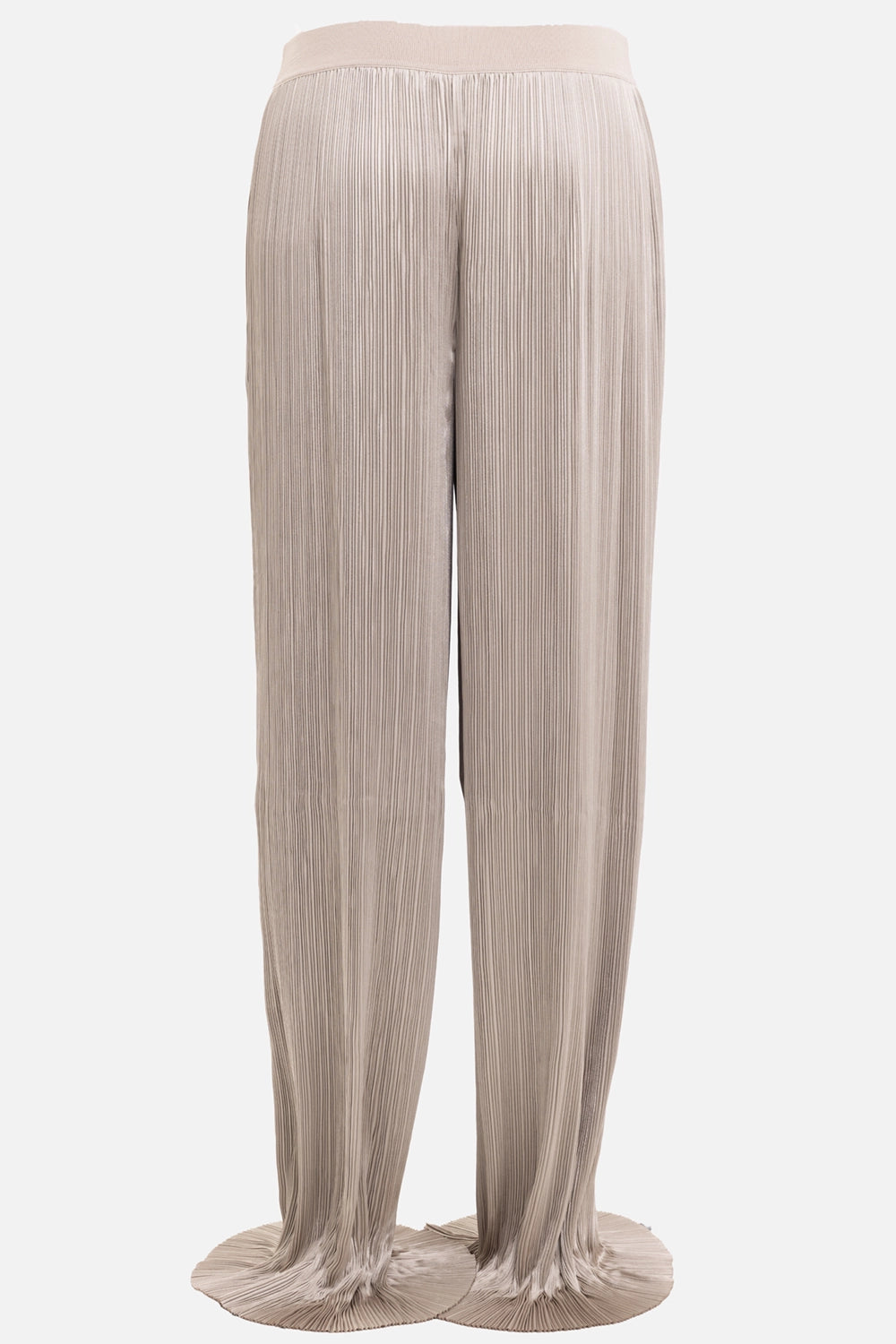 Joseph women's satin trousers in powder, back view with elastic waist and allover plissé texture
