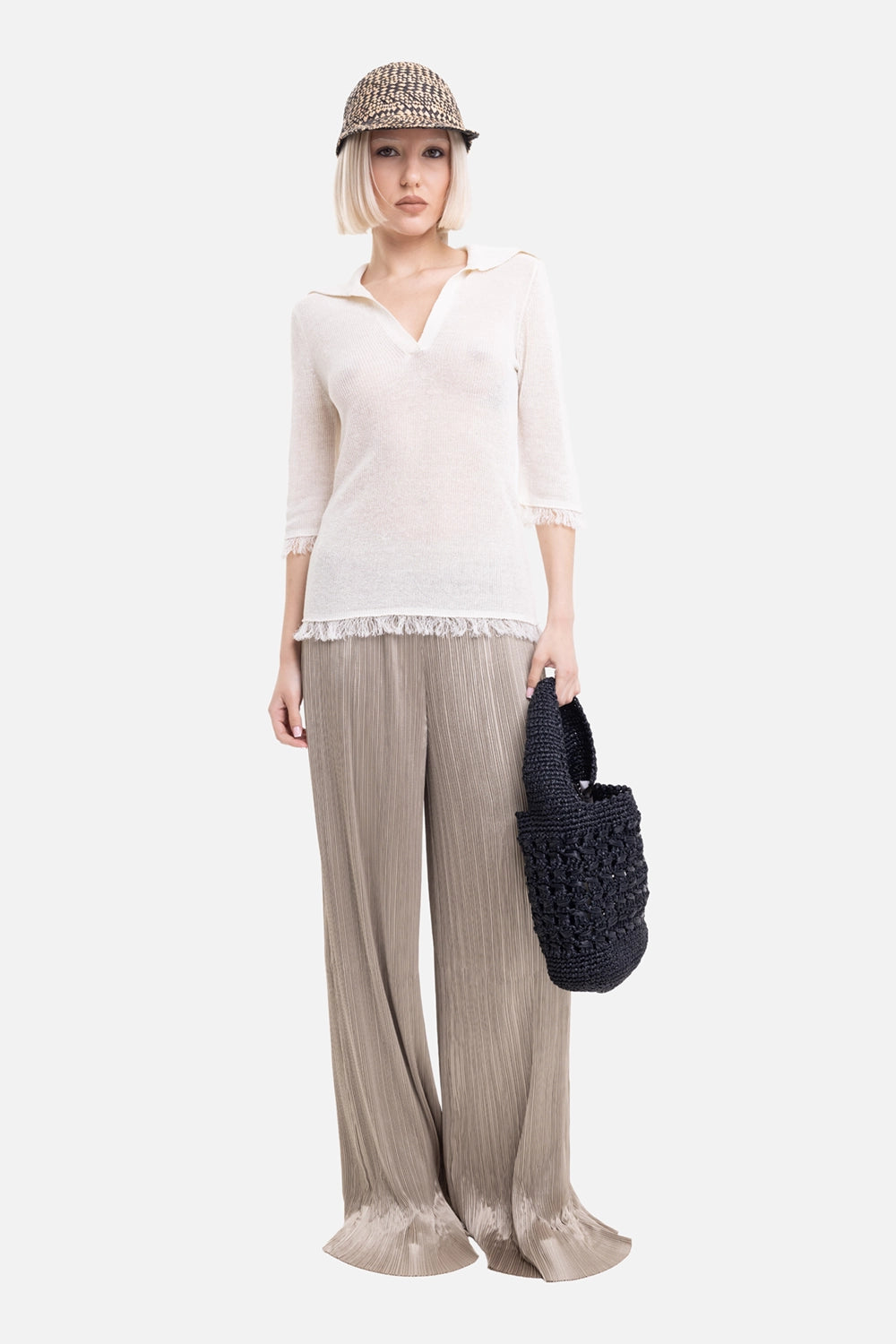Joseph women's satin trousers in powder, on-model full-length with wide legs and floor-grazing pleats