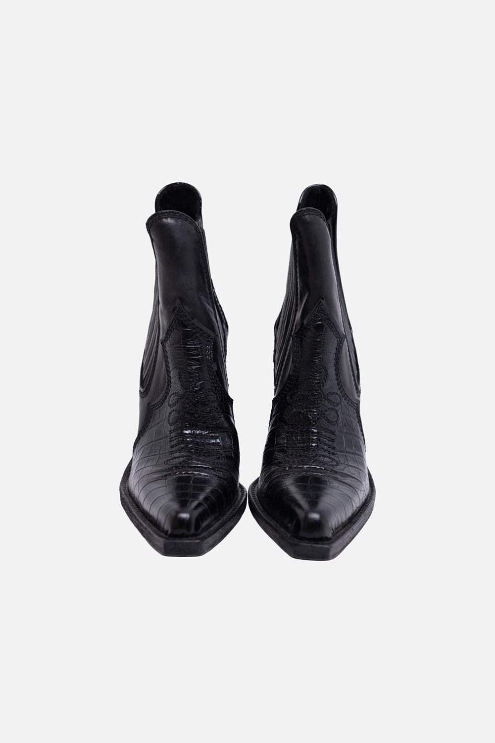 Pre-owned Dsquared2 women’s ankle boots in black, front view, pointed toe with croc-embossed panels and western stitching