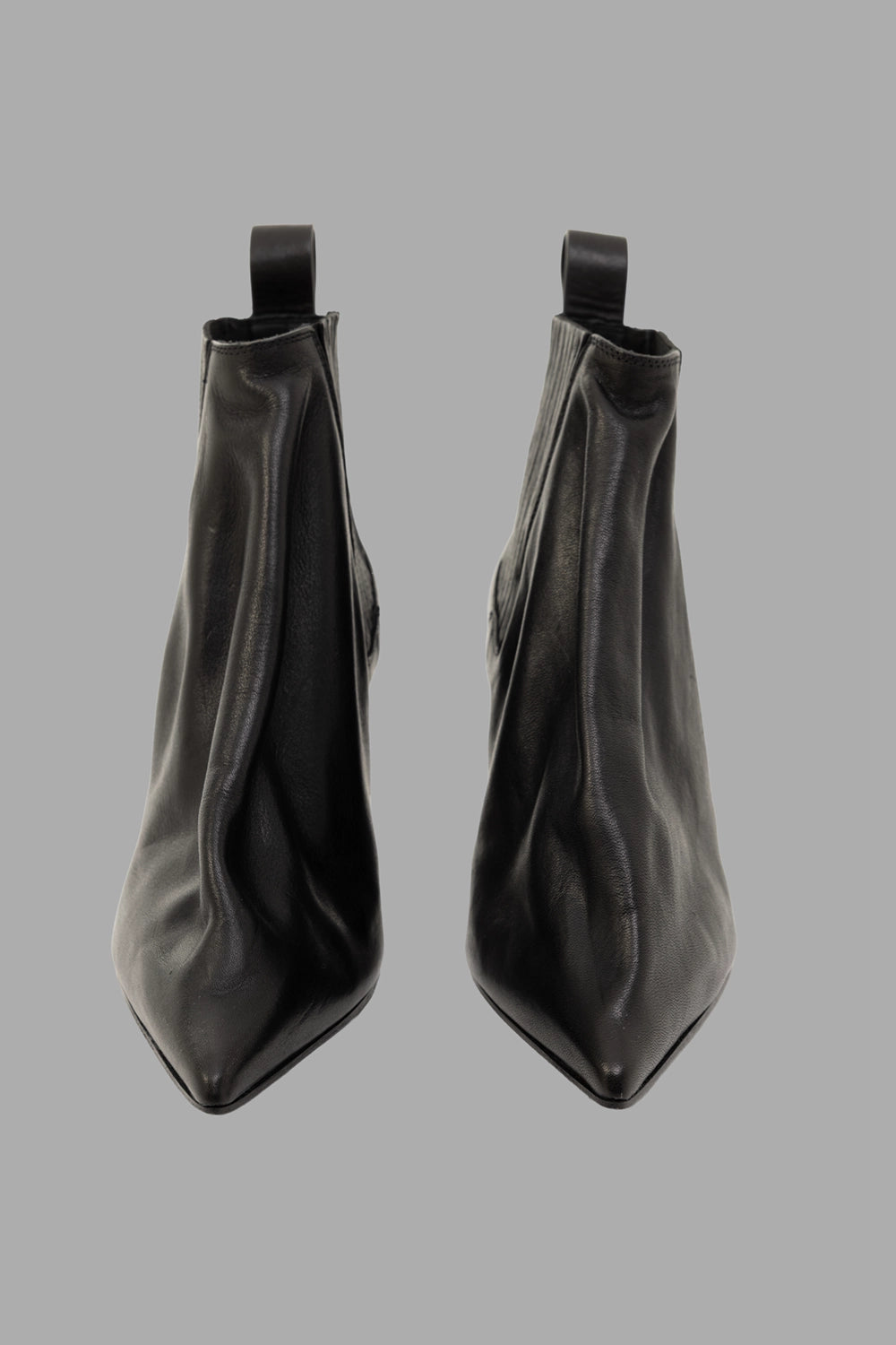 Rick Owens women's ankle boots in black, front view, pointed toes with soft leather drape