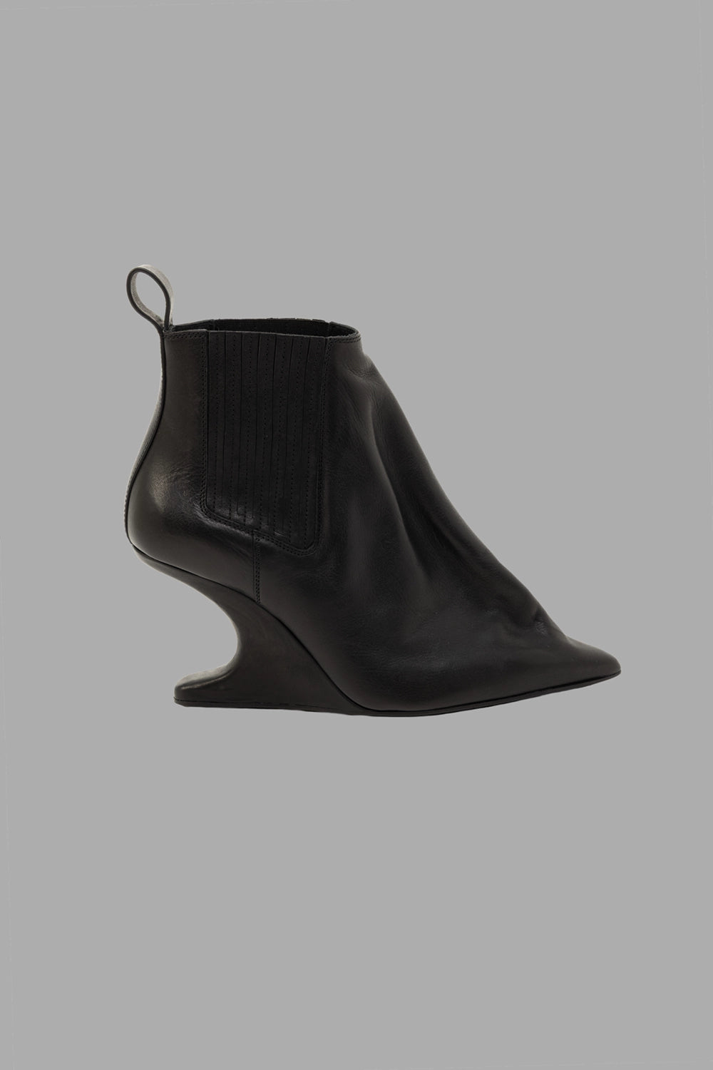 Rick Owens women's ankle boots in black, side view, sculpted 8 cm cantilever wedge and elastic panel