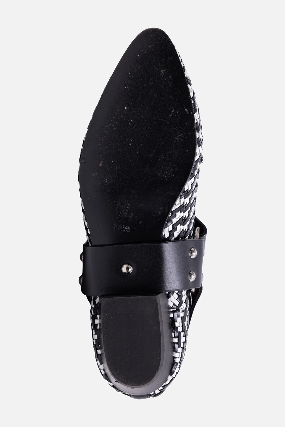 Pre-owned Louis Vuitton women’s ankle boots in black and white, sole view, embossed LV and size stamp on outsole