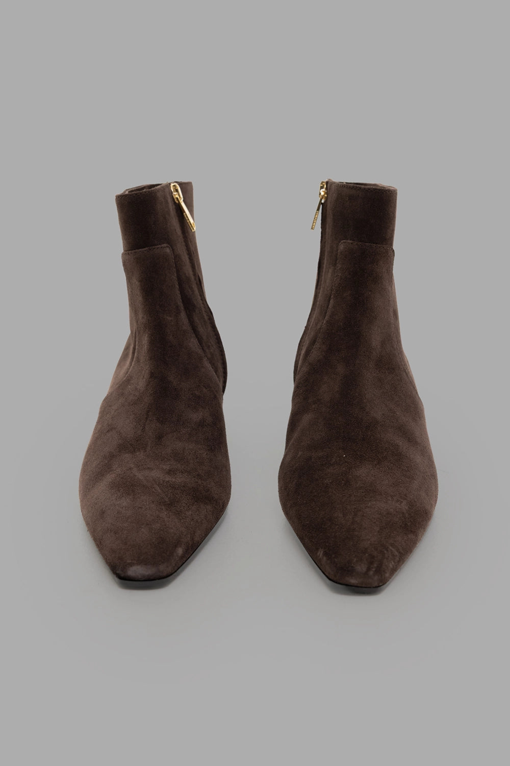 Anine Bing women's ankle boots in dark brown suede, front view, squared toe shape and clean vamp.