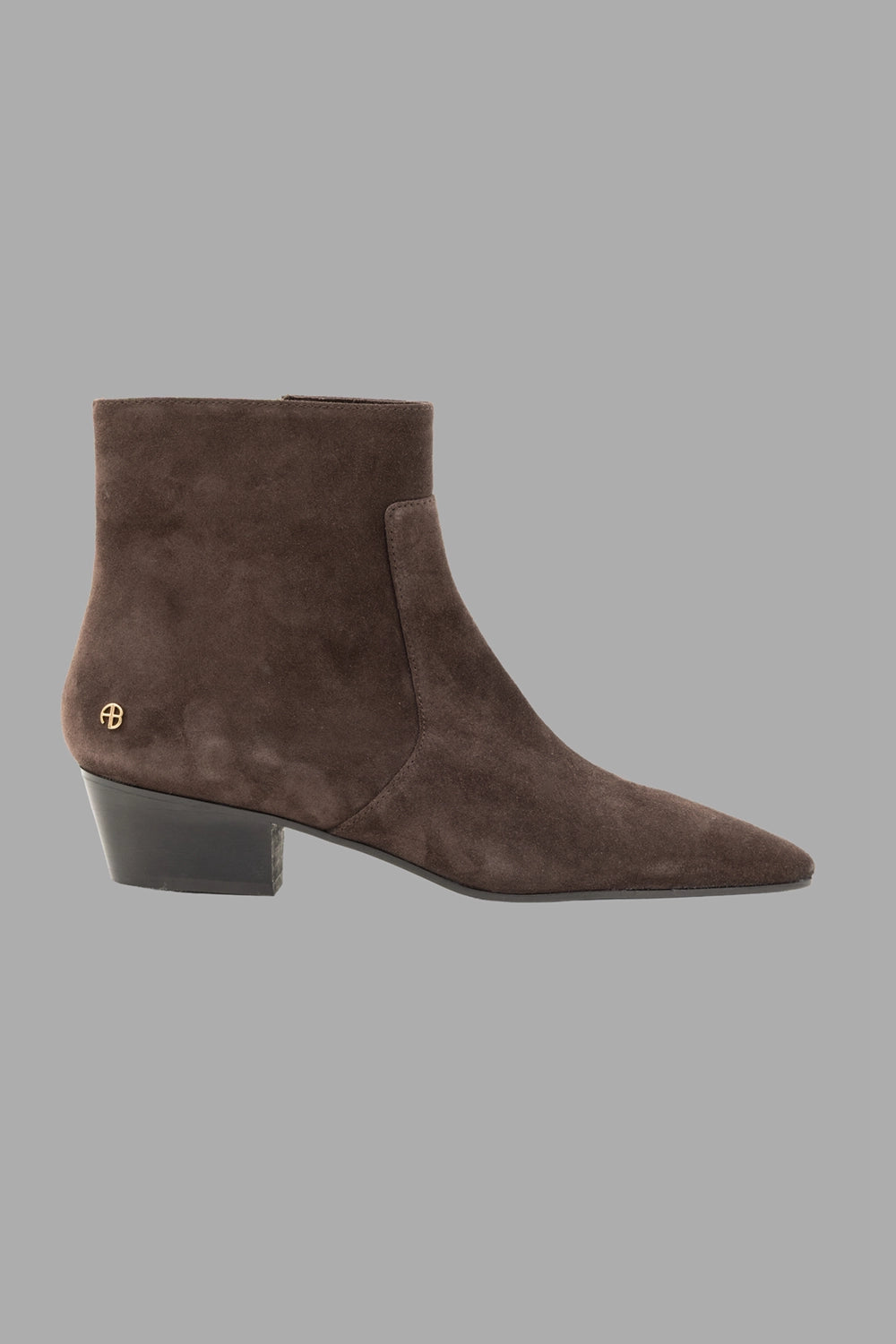 Anine Bing women's ankle boots in dark brown suede, side view, low stacked heel and inner zip.