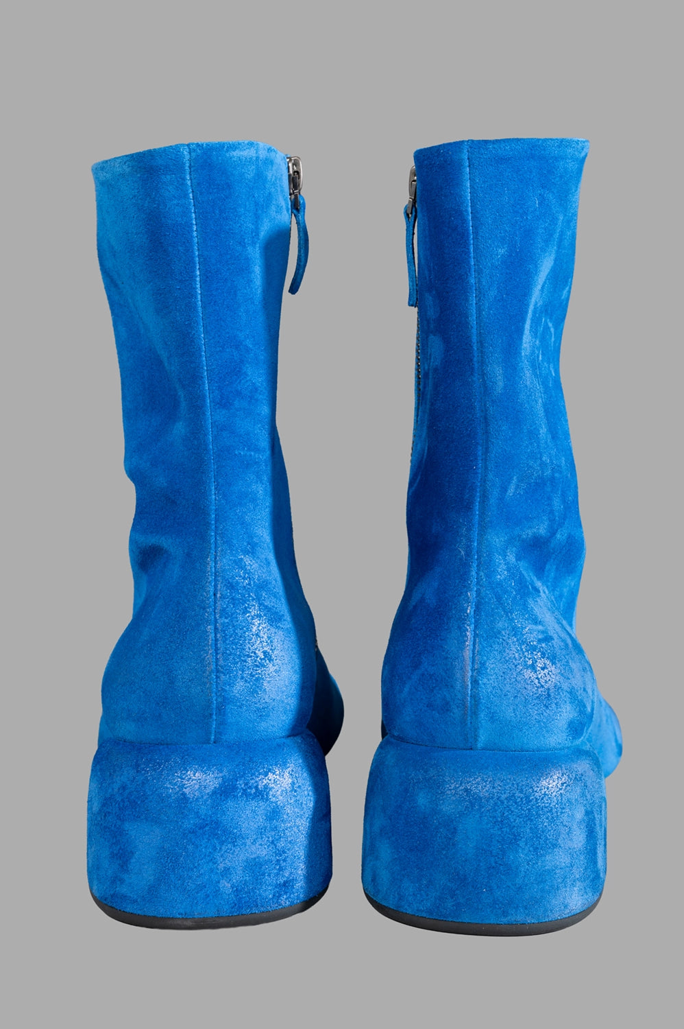 Marsèll ankle boots in electric blue, back view, flared block heel and centre back seam
