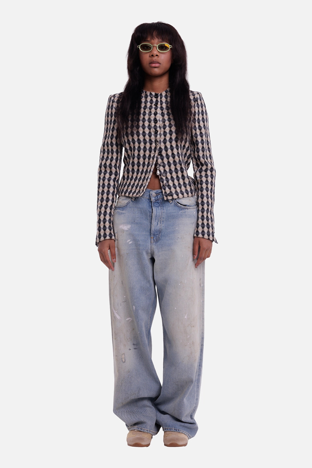 MSGM women's argyle wool jacket in beige and black, full-length model view with fitted waist and long sleeves