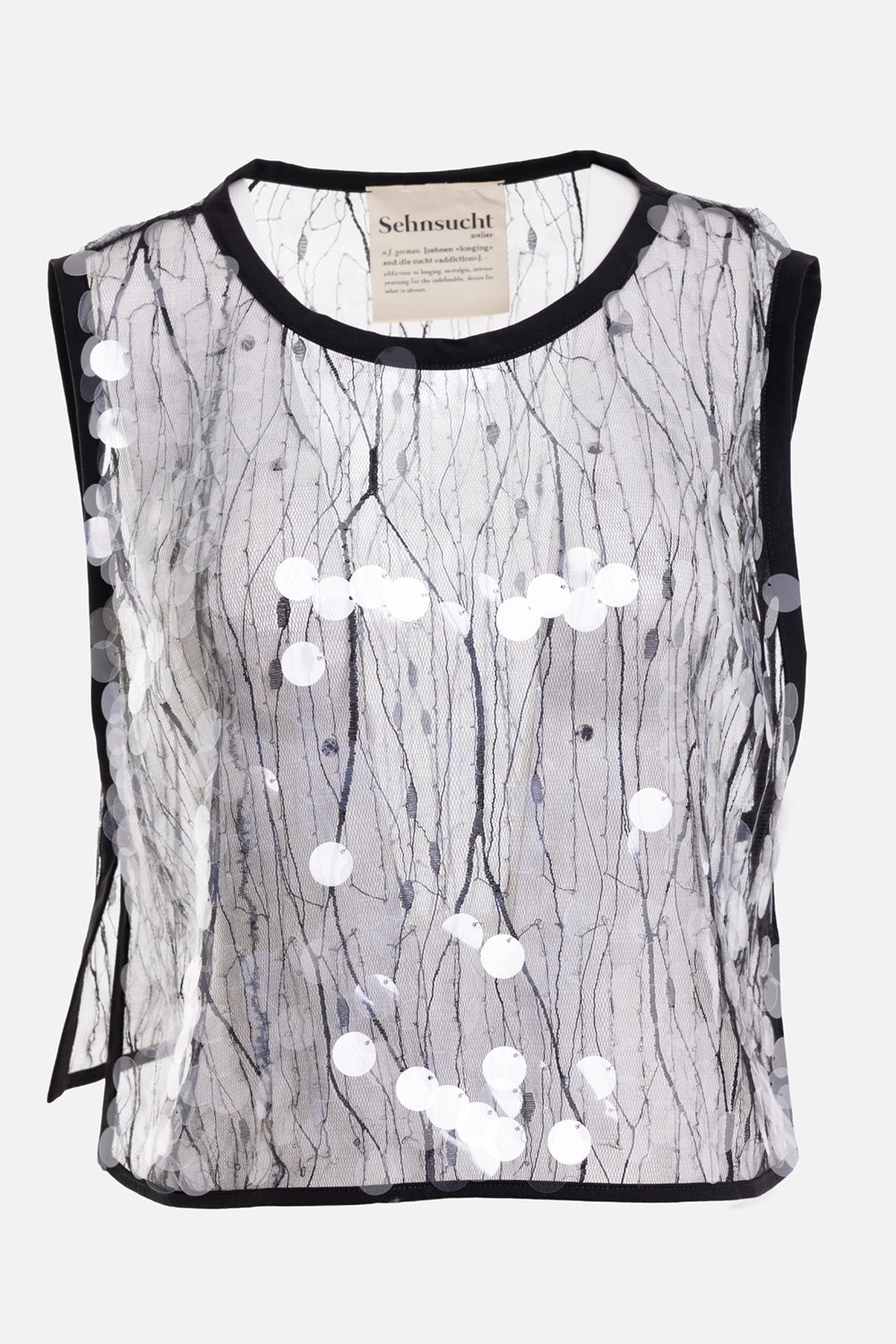 Sehnsucht Atelier women's Aria top in black silver, front view with black binding and oversized sequins