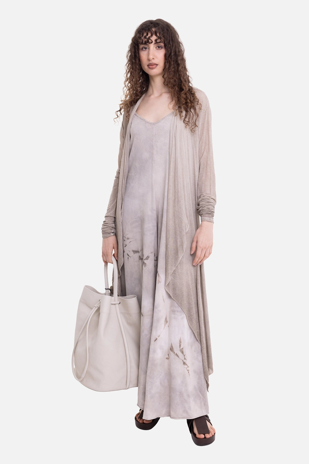 La Haine Inside Us women's cardigan in mud, on-model full-length view, draped open front