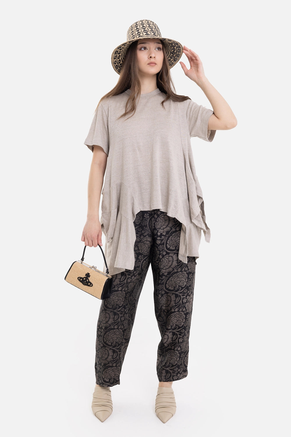 Comme des Garçons women's linen T-shirt in ecru, on-model full-length view, asymmetric layered hem