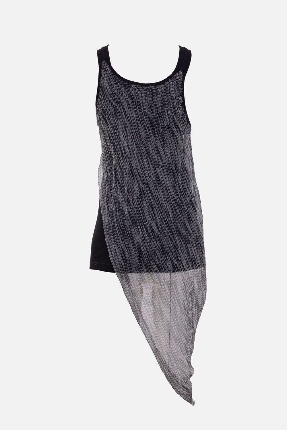 Plus Zero women's draped tank top in white/black, back view, transparent checked layer and pointed hem