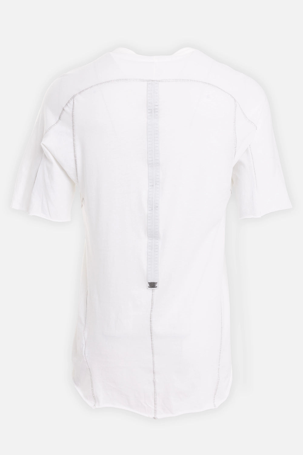 69 by Isaac Sellam men's T-shirt in white, back view with vertical leather tab and raw hem