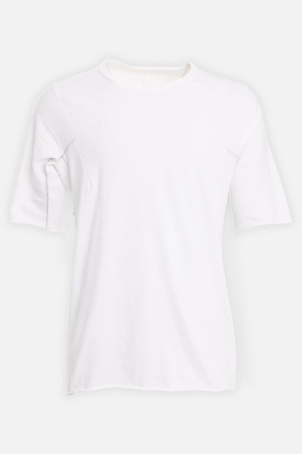 69 by Isaac Sellam men's T-shirt in white, front view with curved seams and exposed overlock stitching
