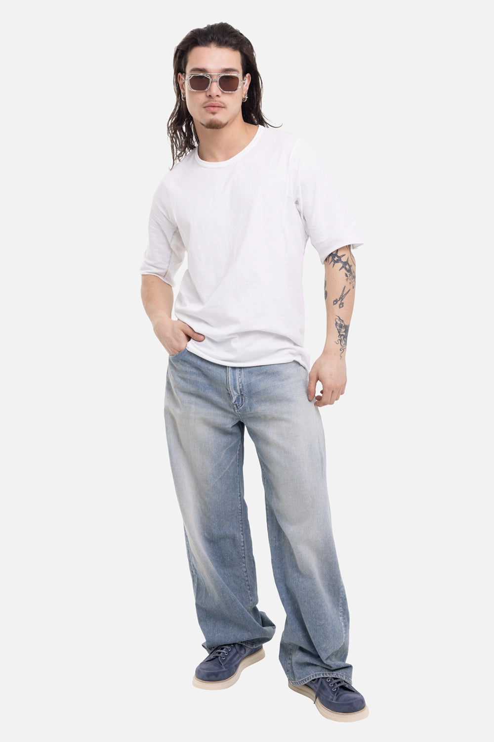 69 by Isaac Sellam men's T-shirt in white, on-model full-length view with clean crewneck and short sleeves