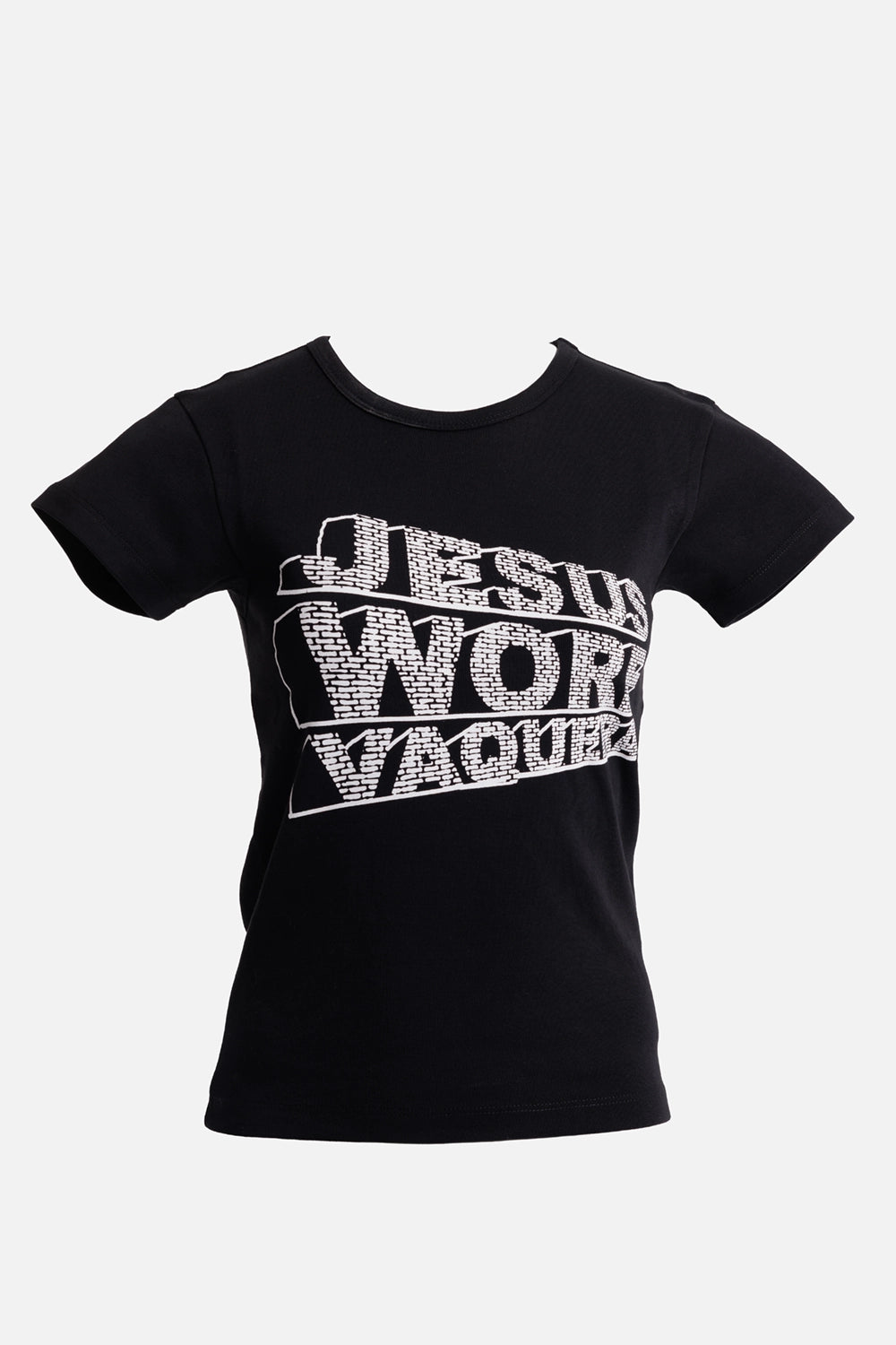 Vaquera women's black baby T-shirt, front view with oversized white stacked slogan print