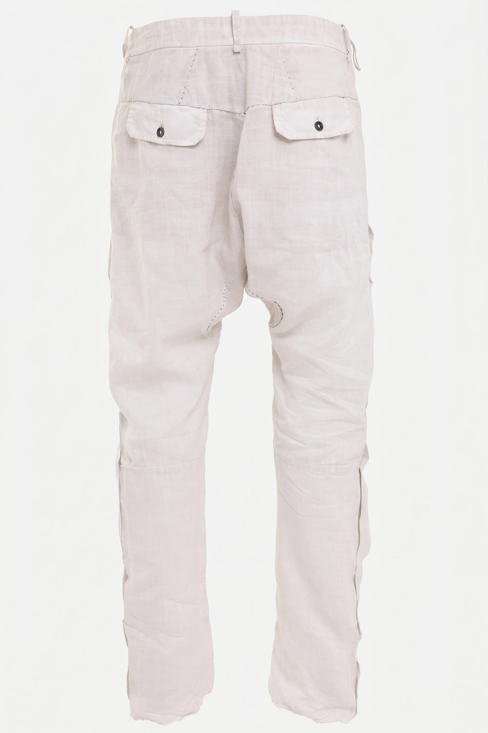 Masnada men's baggy ramie trousers in cement, back view, button flap pockets and raw hems