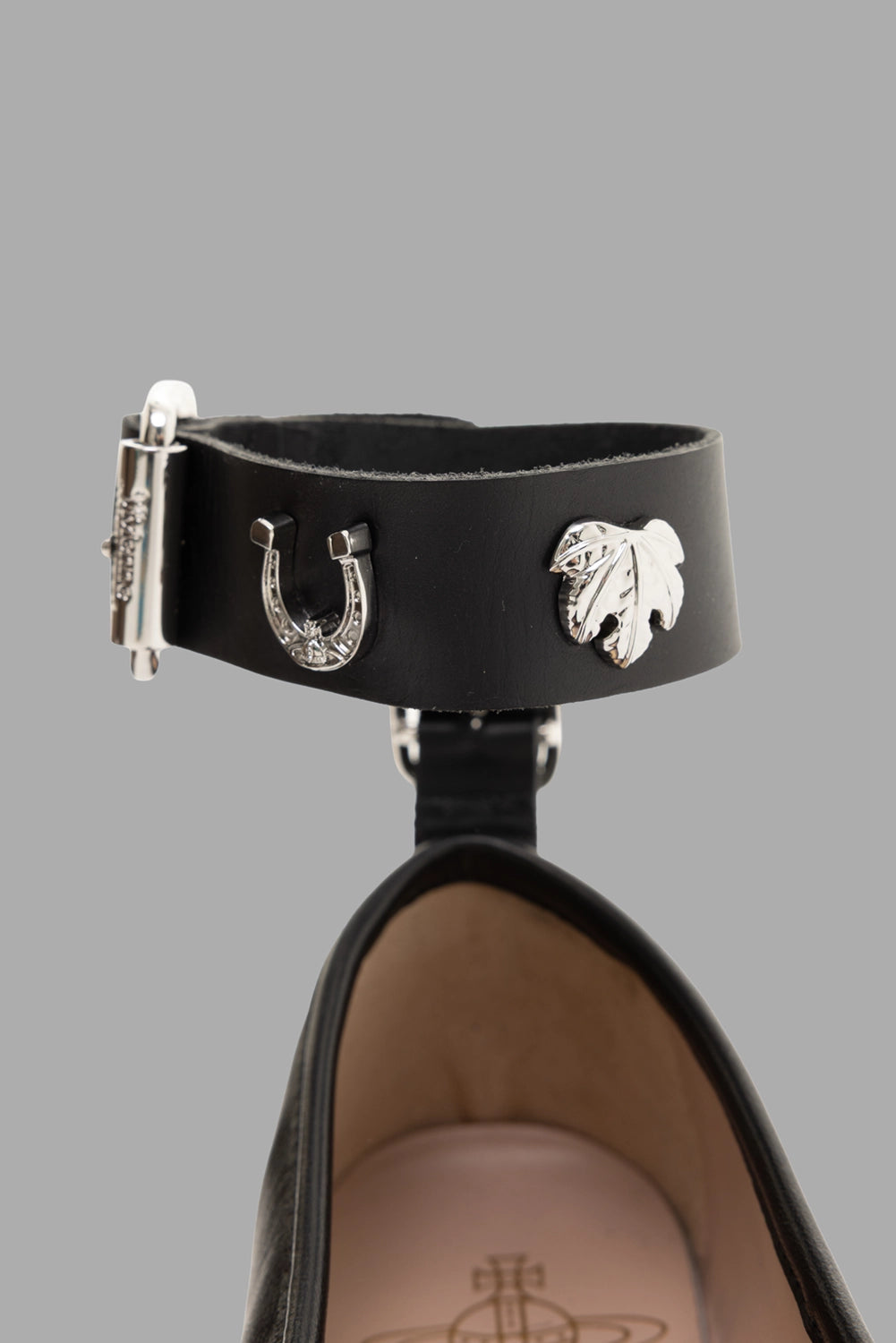 Vivienne Westwood women ballerina flats in black, ankle-strap detail with horseshoe and leaf charms.