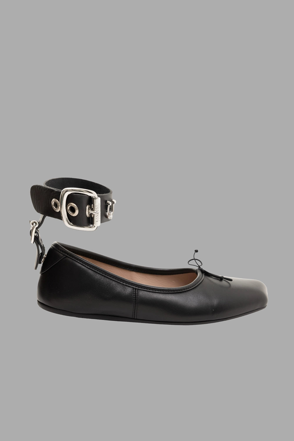 Vivienne Westwood women ballerina flats in black, side view, detachable ankle strap with silver hardware.