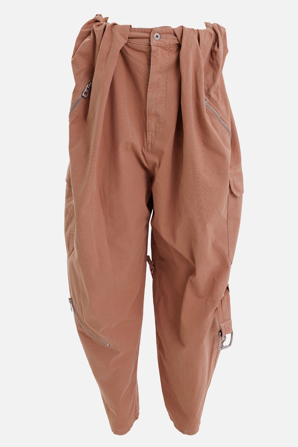 LOEWE women's balloon cargo trousers in clay, front view with zipped pockets and draped belt detail