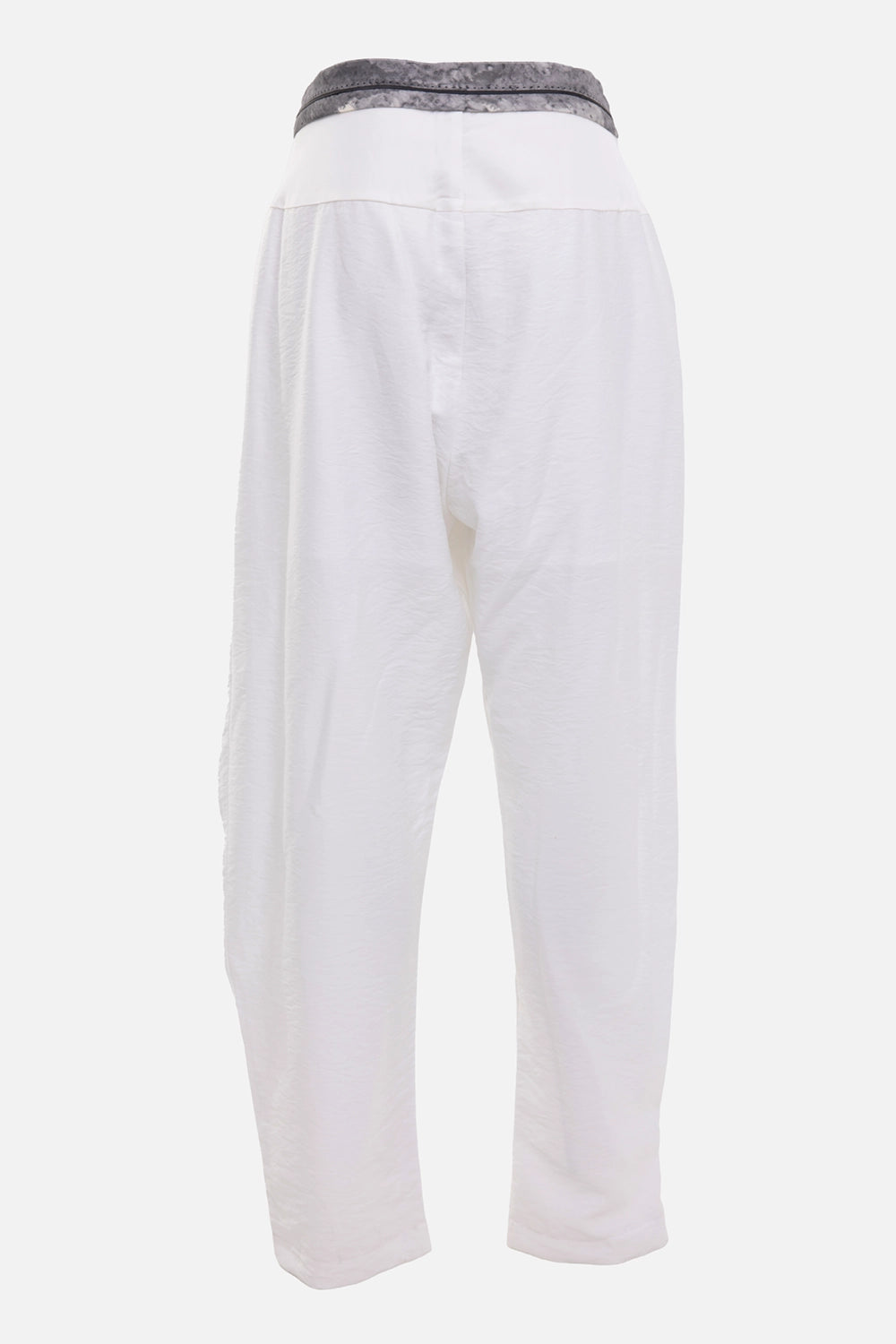 Giovanni Cavagna women's trousers in white, back view, grey printed waistband panel and tapered hems
