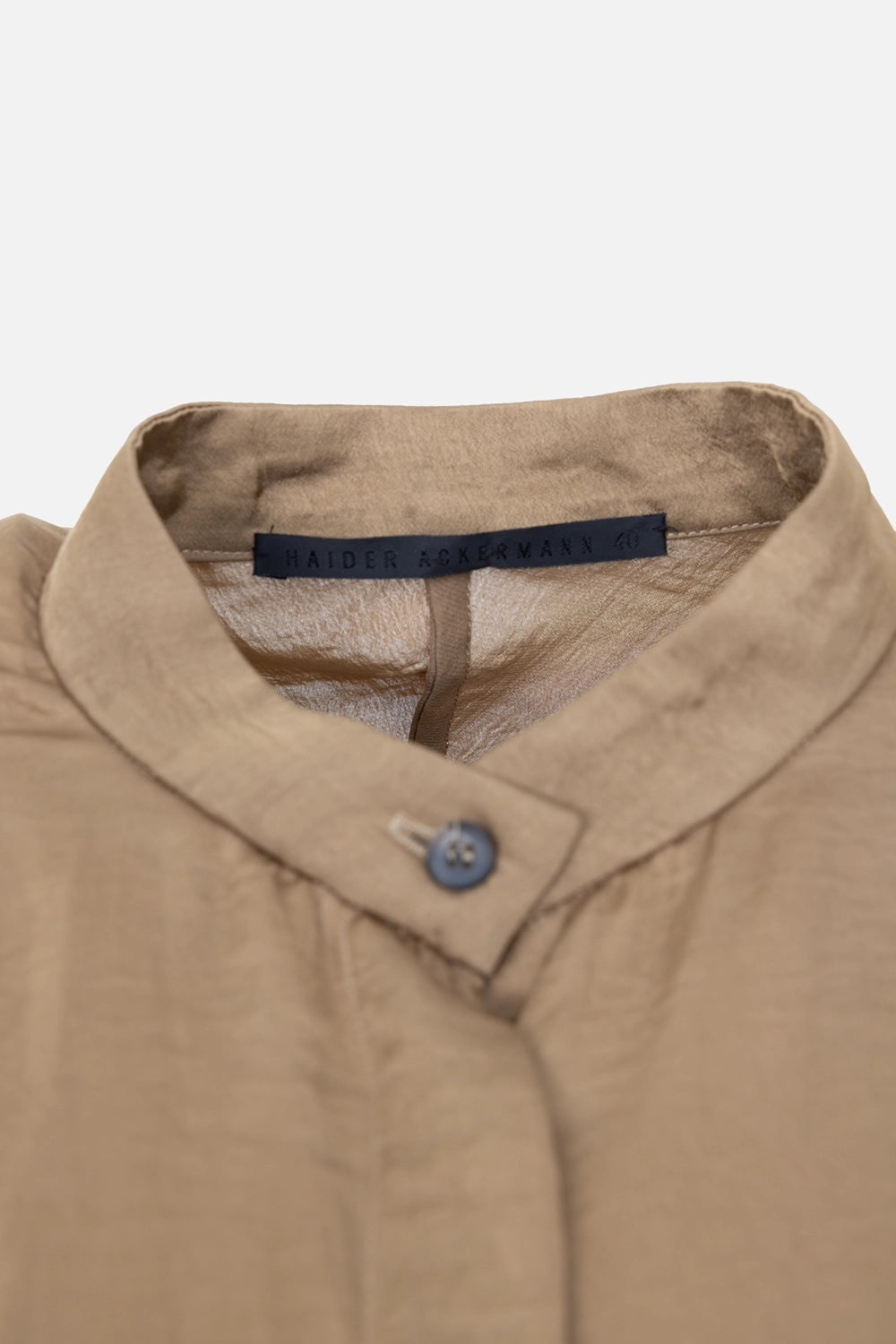 Pre-owned Haider Ackermann shirt in taupe, interior label close-up, neck label and stand collar