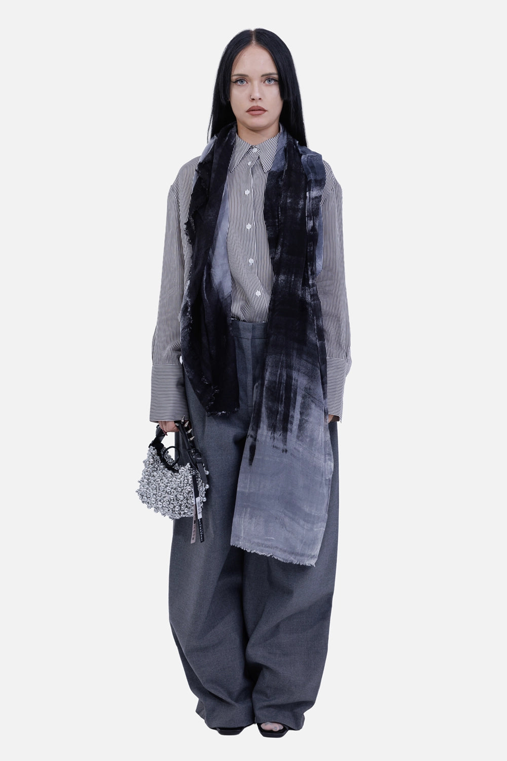 By Malene Birger women's dark grey Povilanna trousers, on-model view with high waist and voluminous barrel legs